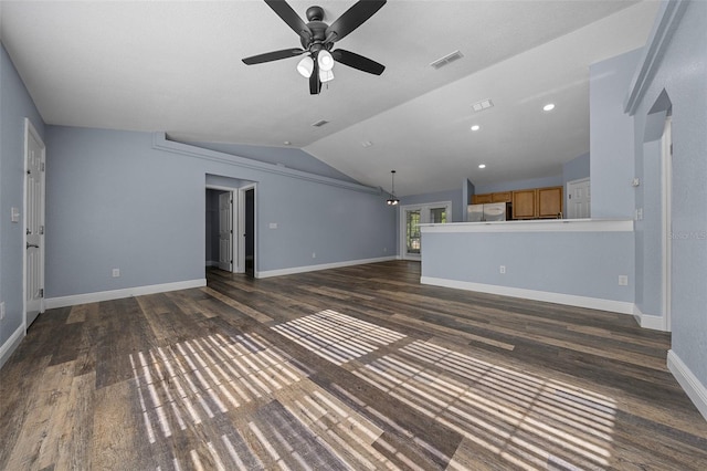 2312 SW 140th Ct, Ocala, FL 34481 - unfurnished living room with ceiling fan, lofted ceiling, baseboards, dark wood finished floors, and recessed lighting