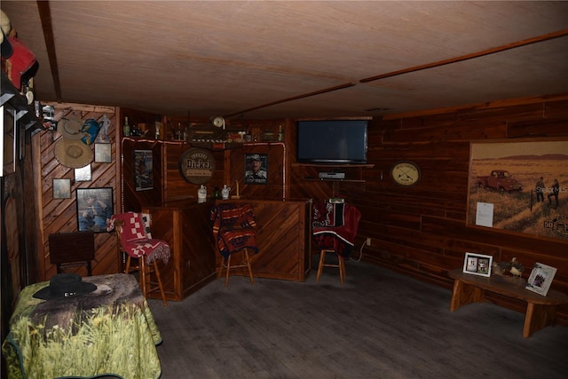 interior space with wooden walls, wood finished floors, and wooden ceiling