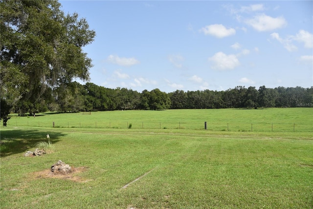 view of yard with a rural view, a wooded view, and fence