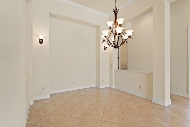 unfurnished dining area featuring crown molding, an inviting chandelier, light tile patterned floors, and baseboards