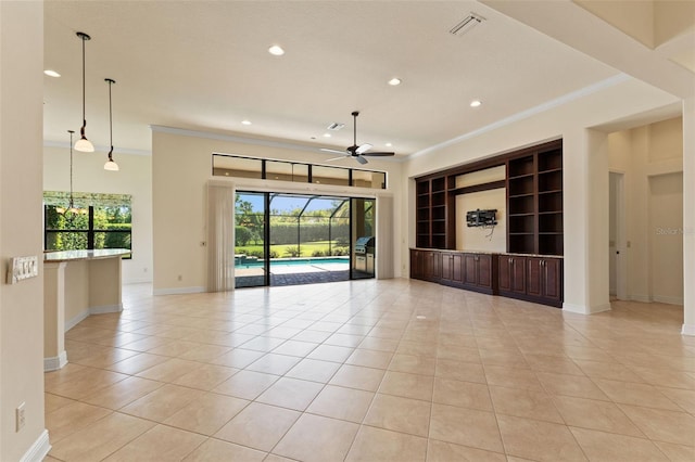 spare room with light tile patterned flooring, crown molding, a ceiling fan, and recessed lighting