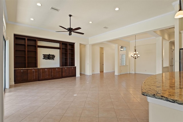 unfurnished living room featuring recessed lighting, light tile patterned flooring, crown molding, visible vents, and ceiling fan with notable chandelier