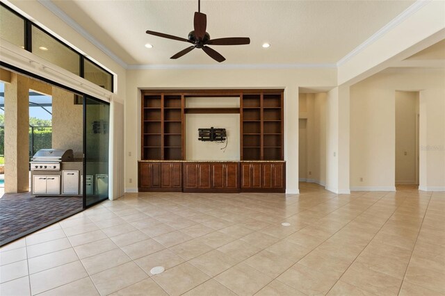 unfurnished living room with ornamental molding, light tile patterned floors, and ceiling fan