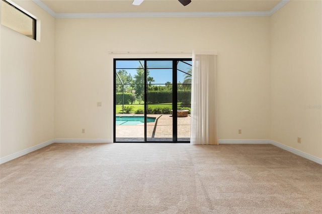 unfurnished room featuring a ceiling fan, carpet, and crown molding