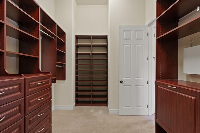 spacious closet featuring light colored carpet