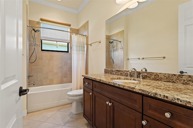 full bathroom featuring shower / bath combo, crown molding, toilet, vanity, and tile patterned flooring