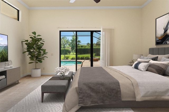 carpeted bedroom with crown molding, a ceiling fan, and access to outside