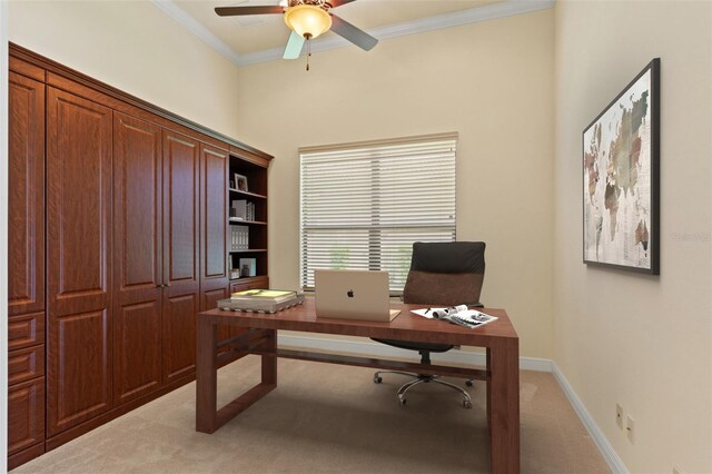 1399 N Whisperwood Dr, Hernando, FL 34442 - office featuring baseboards, a ceiling fan, ornamental molding, and light carpet