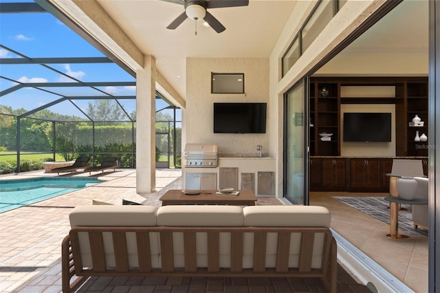 view of patio / terrace featuring a ceiling fan, an outdoor pool, grilling area, an outdoor hangout area, and glass enclosure