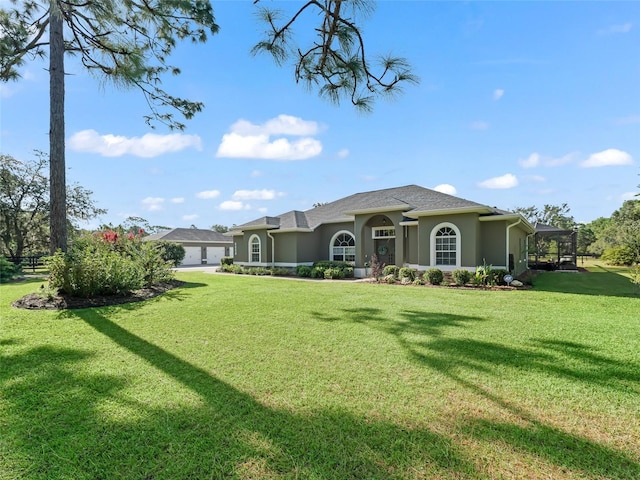 4658 W Hacienda Dr, Beverly Hills, FL 34465 - rear view of house with an attached garage, a lawn, a lanai, and stucco siding