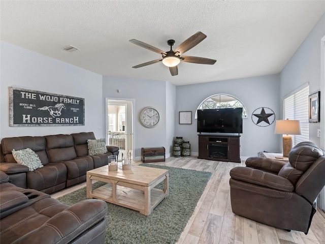 4658 W Hacienda Dr, Beverly Hills, FL 34465 - living room featuring wood finished floors, visible vents, a textured ceiling, and ceiling fan