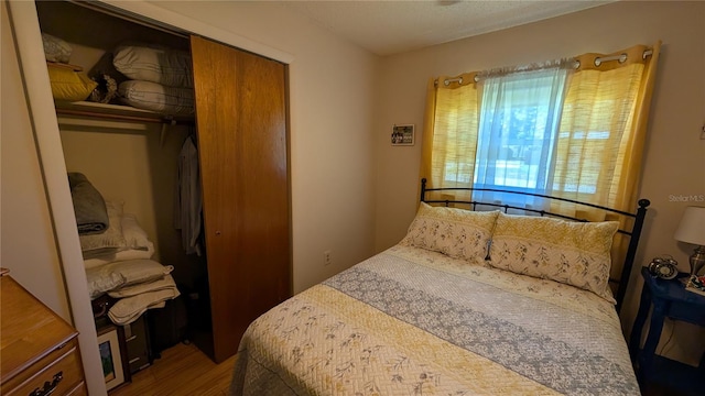 bedroom with wood finished floors and a closet