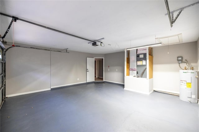 garage with heating unit, electric water heater, baseboards, and a garage door opener