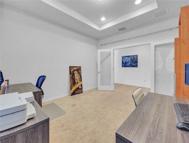 5198 NE 19th Pl, Ocala, FL 34470 - office area with a raised ceiling, baseboards, carpet flooring, visible vents, and recessed lighting
