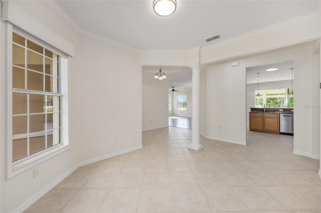 8632 SW 86th Cir, Ocala, FL 34481 - empty room featuring a sink, crown molding, decorative columns, and visible vents