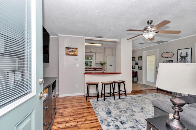 4180 W Anthony Rd, Ocala, FL 34475 - living area featuring a ceiling fan, visible vents, a textured ceiling, and light wood-style floors
