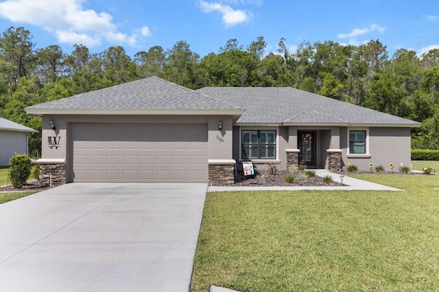 view of front of house featuring a front lawn, stone siding, concrete driveway, an attached garage, and stucco siding