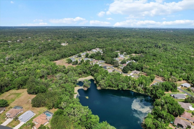 birds eye view of property with a view of trees and a water view