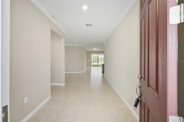 8952 SW 79th Ln, Ocala, FL 34481 - hall featuring recessed lighting, visible vents, ornamental molding, light tile patterned floors, and baseboards