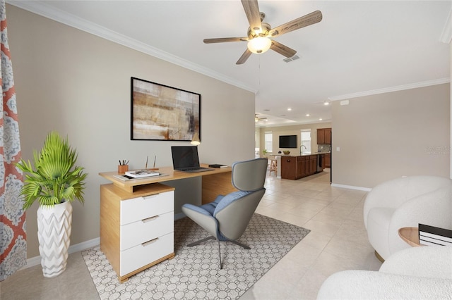 8952 SW 79th Ln, Ocala, FL 34481 - office featuring crown molding, light tile patterned flooring, ceiling fan, visible vents, and recessed lighting