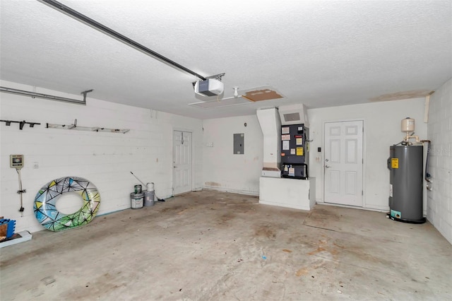 garage with electric water heater, a garage door opener, heating unit, electric panel, and concrete block wall
