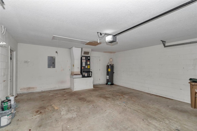 garage featuring water heater, a garage door opener, heating unit, electric panel, and concrete block wall