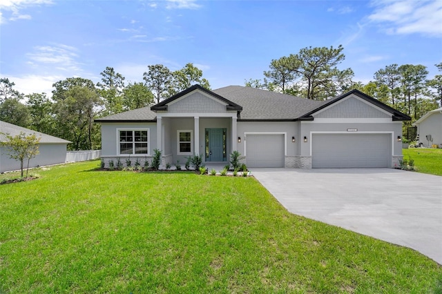 view of front of house featuring fence, an attached garage, concrete driveway, and a front yard