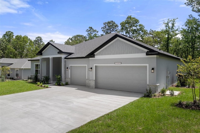 view of front facade featuring a front yard, a garage, concrete driveway, a shingled roof, and stucco siding