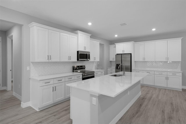kitchen with tasteful backsplash, a sink, light wood finished floors, stainless steel appliances, and white cabinetry