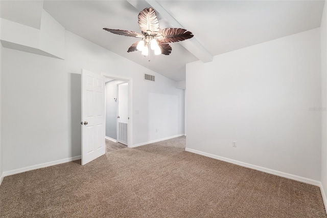 carpeted spare room with visible vents, a ceiling fan, baseboards, and lofted ceiling with beams