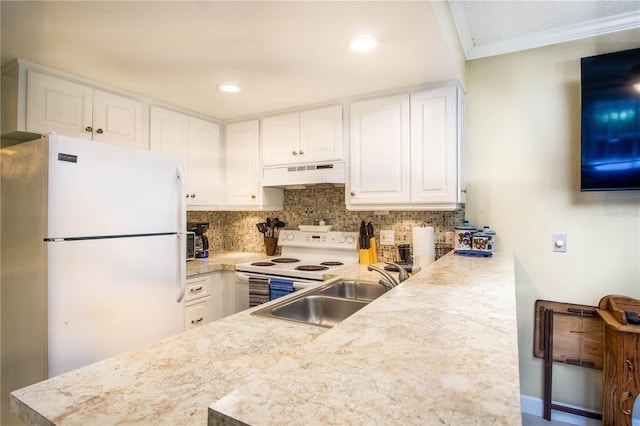 kitchen featuring white cabinetry, tasteful backsplash, light countertops, under cabinet range hood, and white appliances