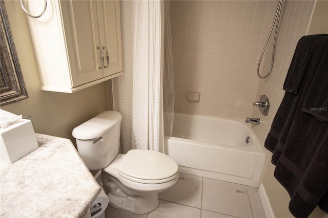 bathroom with shower / tub combo, toilet, tile patterned flooring, and vanity