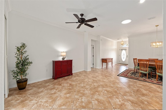 dining room with light tile patterned flooring, baseboards, visible vents, ceiling fan with notable chandelier, and crown molding