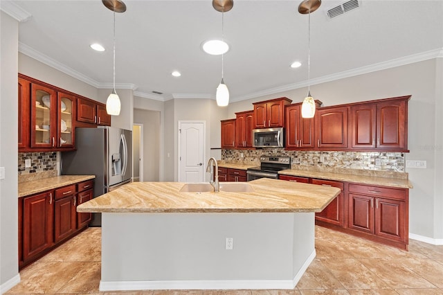 kitchen featuring backsplash, dark brown cabinets, visible vents, and appliances with stainless steel finishes