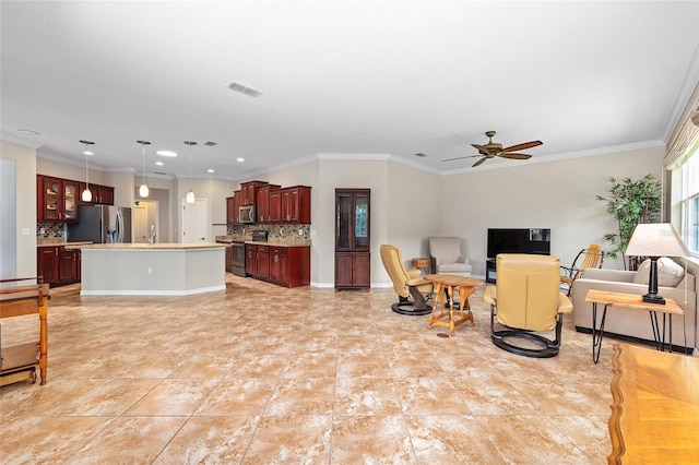 living room featuring ceiling fan, ornamental molding, visible vents, and recessed lighting