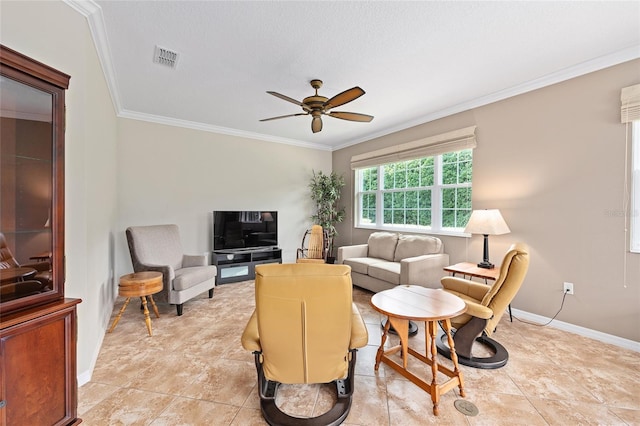 living room with crown molding, visible vents, a ceiling fan, and baseboards