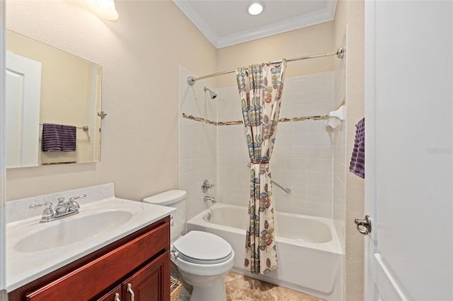 bathroom featuring toilet, crown molding, vanity, and shower / bath combo with shower curtain