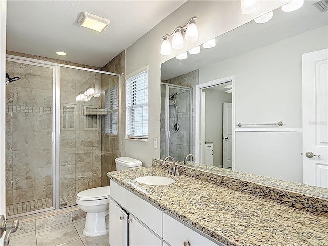 5327 SW 89th St, Ocala, FL 34476 - bathroom with visible vents, tile patterned flooring, a stall shower, vanity, and toilet