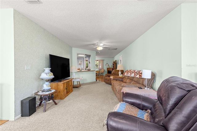 10989 SW 86th Ave, Ocala, FL 34481 - carpeted living area with a textured ceiling, visible vents, and a ceiling fan