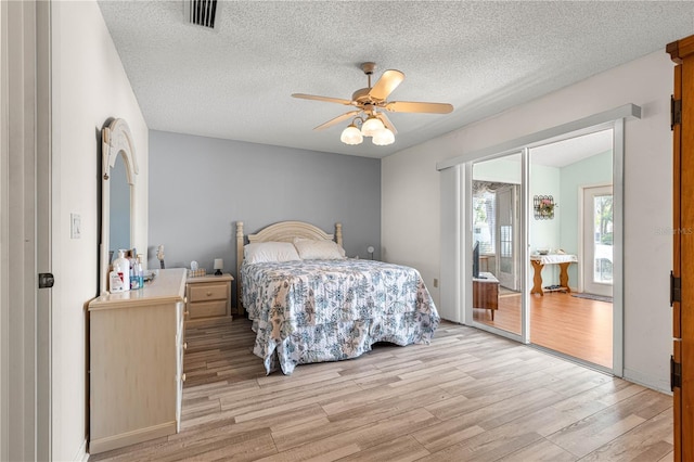 10989 SW 86th Ave, Ocala, FL 34481 - bedroom featuring visible vents, ceiling fan, a textured ceiling, and light wood-style flooring