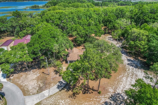 aerial view with a wooded view and a water view
