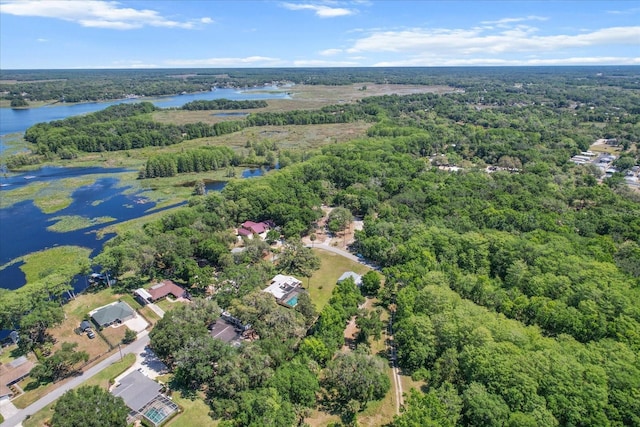 aerial view featuring a forest view and a water view