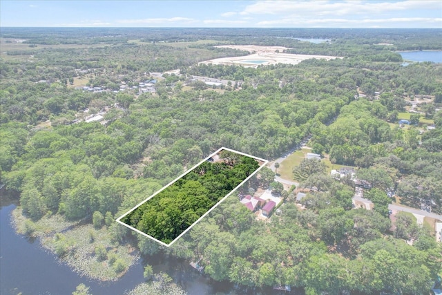 birds eye view of property with a wooded view and a water view