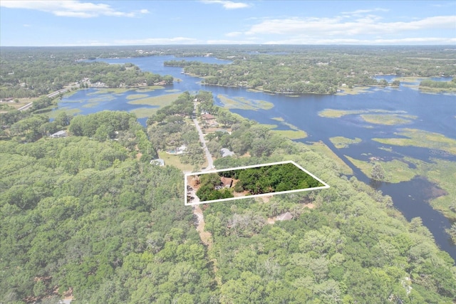 birds eye view of property featuring a forest view and a water view
