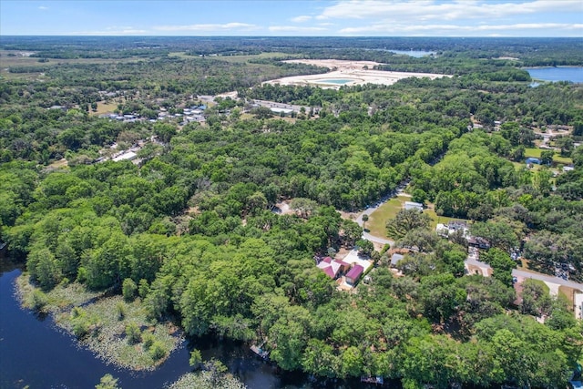 drone / aerial view featuring a view of trees and a water view