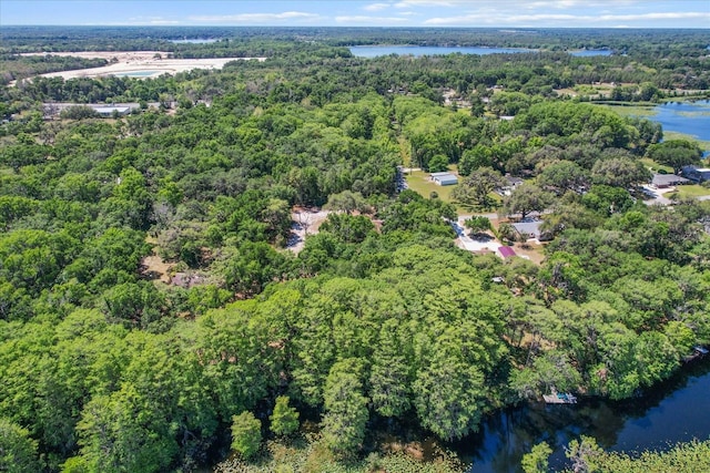 birds eye view of property featuring a forest view and a water view