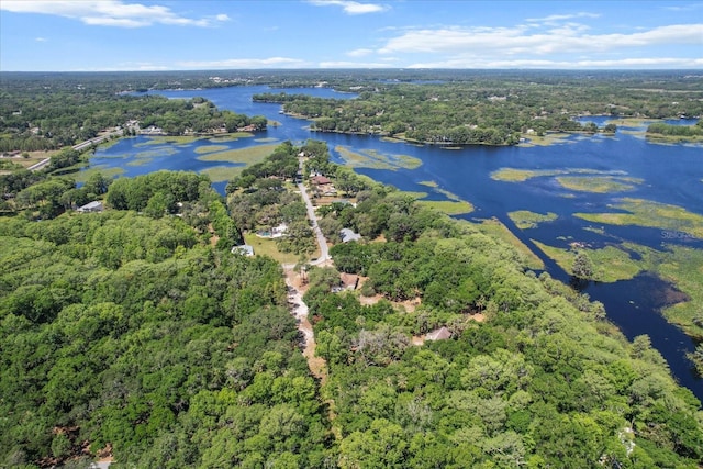 aerial view featuring a water view and a wooded view