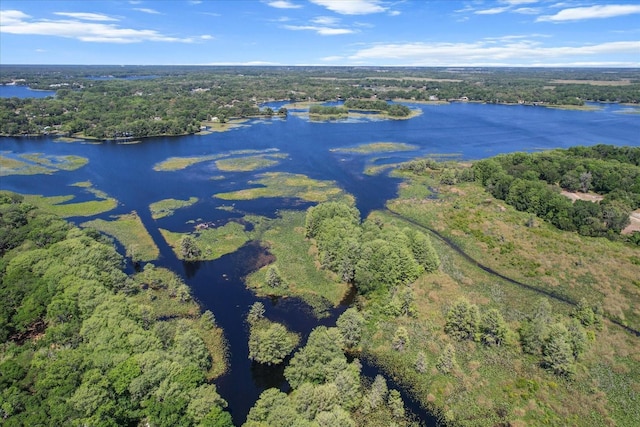 aerial view featuring a forest view and a water view
