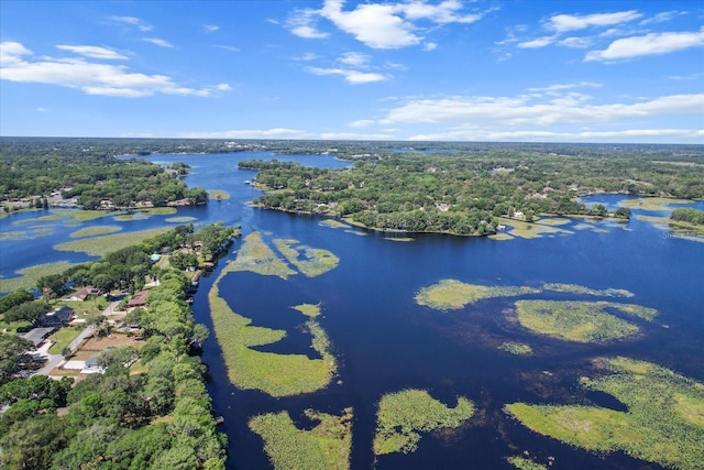 aerial view with a wooded view and a water view