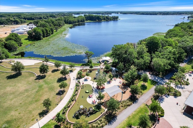 drone / aerial view with a water view